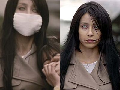 The Slit Mouth Woman walks the streets of Japan wearing a surgical mask and